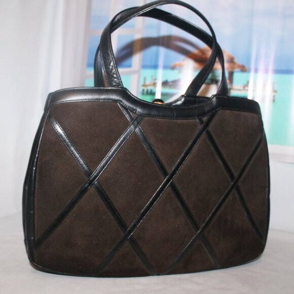 Vintage Greta Italy Leather Suede Diamond Pattern Onyx Kiss Lock Handbag Purse - Picture 3 of 11